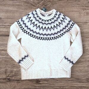 L.L.Bean Fair Isle Ski Wool Blend Sweater Nordic Black White Crewneck Size S NWT